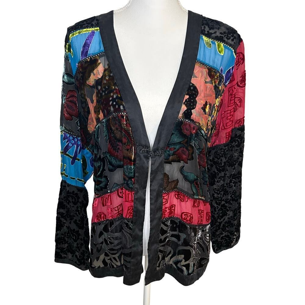 Chico's silk blend burnt out velvet mixed media kimono  wrap size 2 ( Large 12)